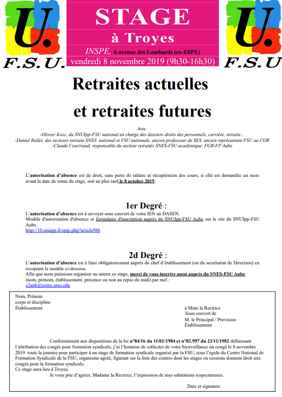 Stage Retraites actuelles et futures le 8 novembre à TROYES