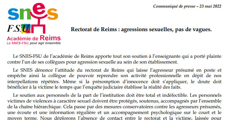 Communiqué de presse du SNES-FSU académique : Rectorat de Reims : agressions (…)