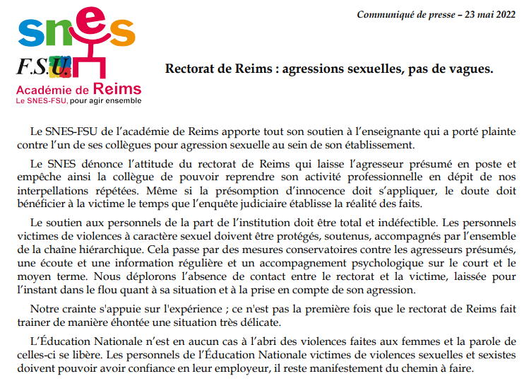 Communiqué de presse du SNES-FSU académique : Rectorat de Reims : agressions (…)